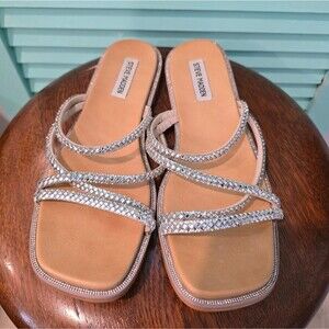 Steve Madden Silver Rhinestone Open Toe Sparkly Slip On Sandals, Size 9